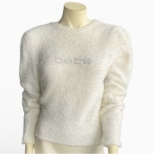 Bebe Vintage Acrylic Cream Fuzzy Puff Shoulder Rhinestone Sweater Size M/L